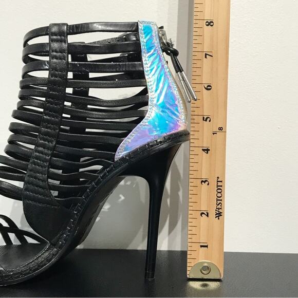 LAMB AB Rainbow Reflective Black Leather Cage Strappy High Heeled Sandals 7.5 - Picture 15 of 16